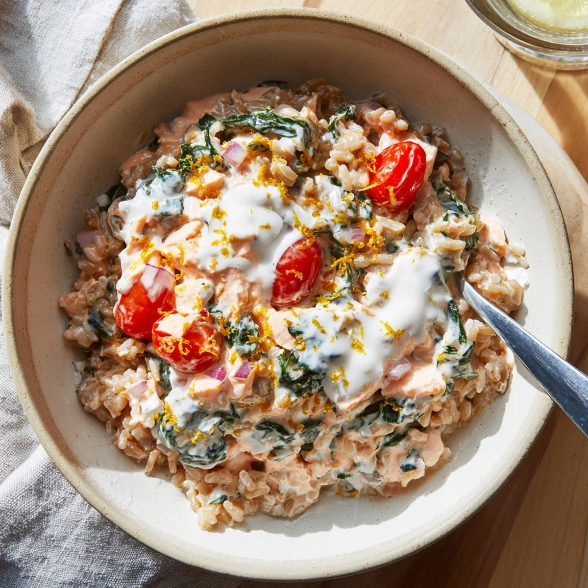 Golden flaked salmon simmers in a rich, creamy Greek yogurt sauce with vibrant spinach and cherry tomatoes.