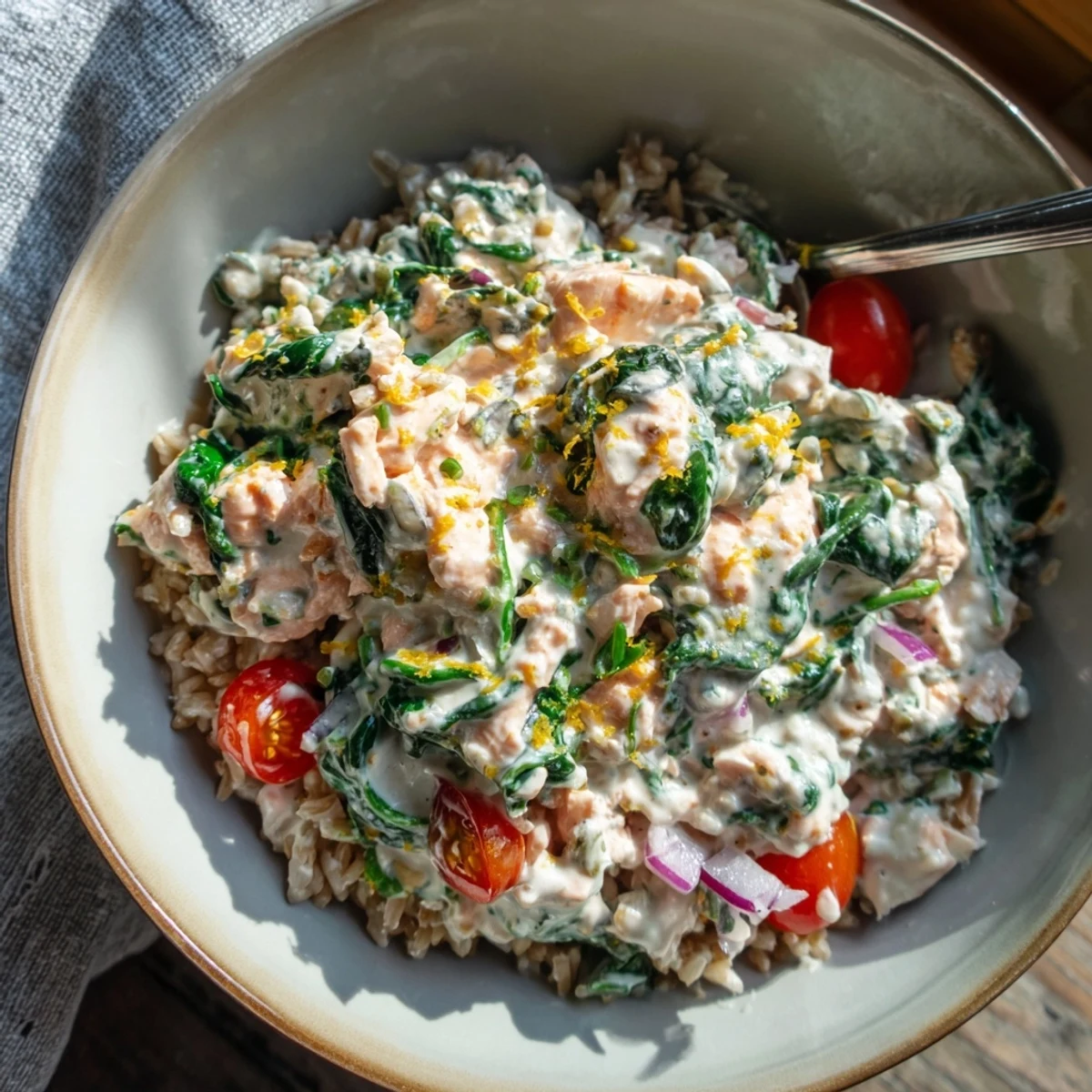 Satisfying Healthy Creamy Leftover Salmon Recipe served over brown rice and garnished with fresh parsley.