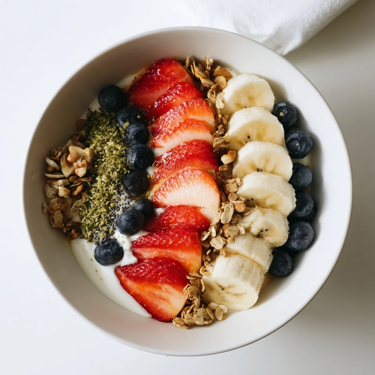 A vibrant yogurt fruit bowl recipe layered with fresh berries, sliced banana, and crunchy granola toppings.