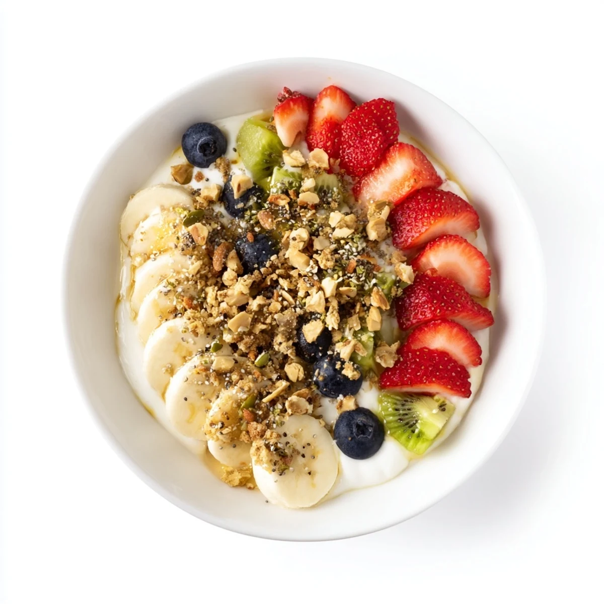Creamy Greek yogurt topped with colorful kiwi, strawberries, and a sprinkle of chia seeds in this yogurt fruit bowl recipe.