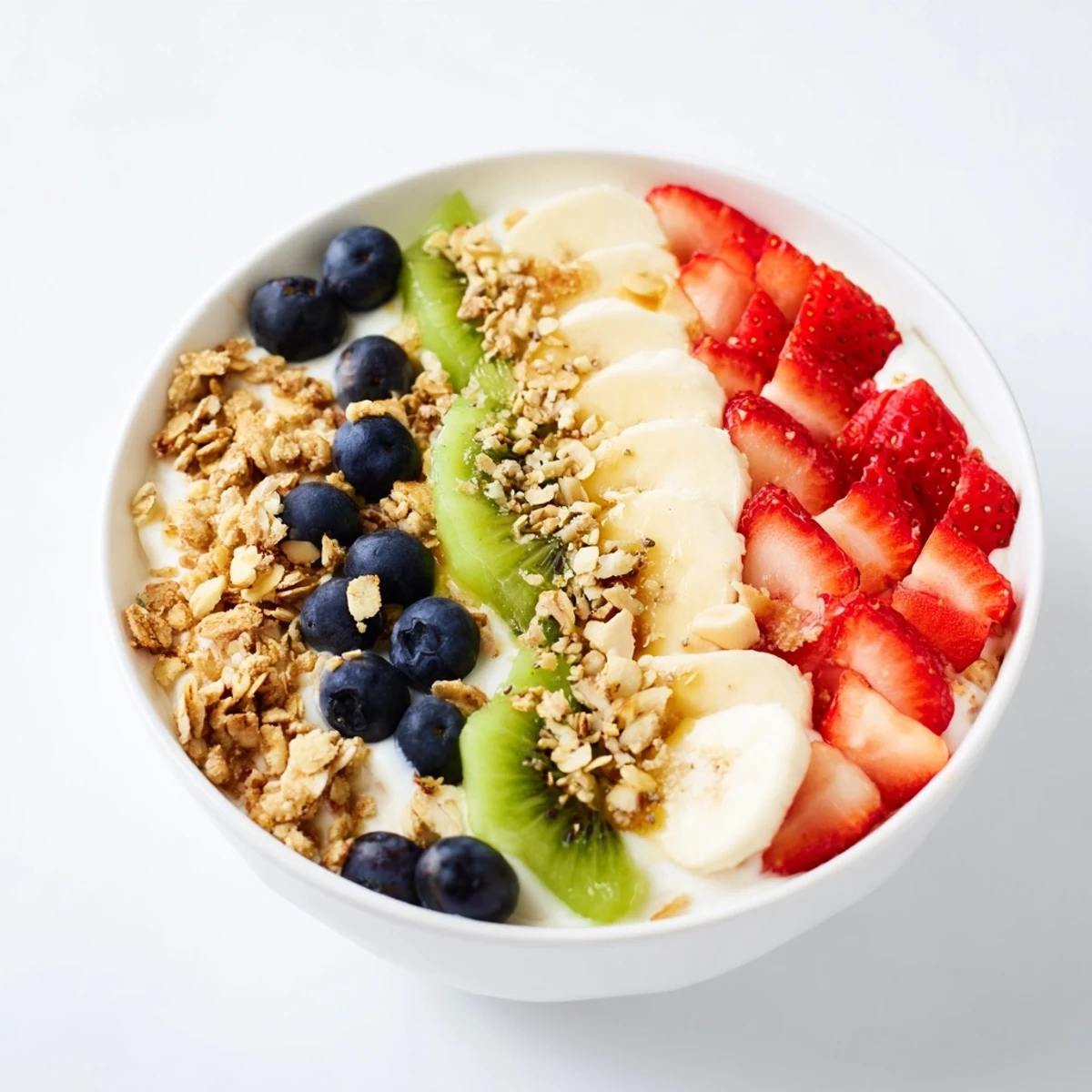 This yogurt fruit bowl recipe features a sweet honey drizzle, ripe fruit, and nutty granola for a quick breakfast.