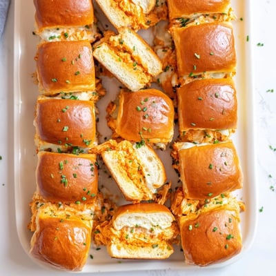 Savory Buffalo Chicken Pizza Dip Sliders arranged on a platter, showcasing soft Hawaiian rolls and creamy, cheesy layers.  