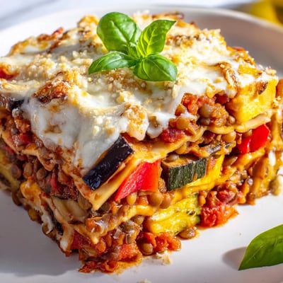 A hearty slice of Smoky Veggie Lentil Lasagna shows smoky roasted vegetables and lentils layered between tender noodles.  