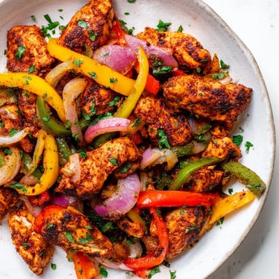 Close-up of tender Cajun Chicken Bell Peppers Spicy Delight garnished with fresh parsley and served alongside steamed rice.