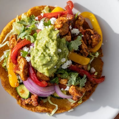Serve these Chicken Veggie Tostadas With Guacamole immediately for a vibrant, satisfying gluten-free meal.