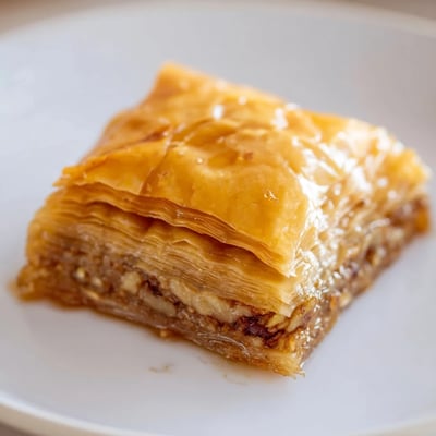A close-up of layered Greek Baklava showcasing flaky phyllo pastry and a nut cinnamon filling.