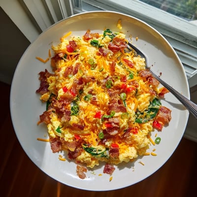 A hearty serving of Loaded Scrambled Eggs with sautéed red bell peppers and spinach, perfect for a savory American breakfast.