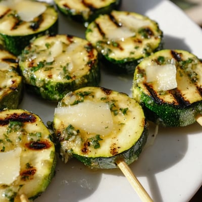Juicy zucchini rounds with char marks brushed with garlic butter on skewers, served with lemon wedges.