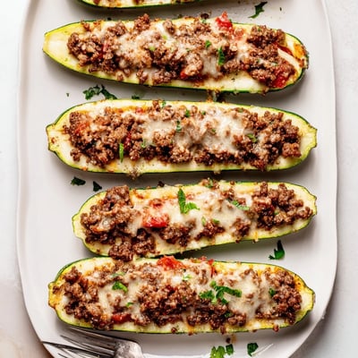 Tender baked zucchini halves filled with savory ground beef and oregano