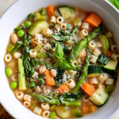 Spring minestrone soup garnished with fresh basil and grated Parmigiano in a rustic bowl