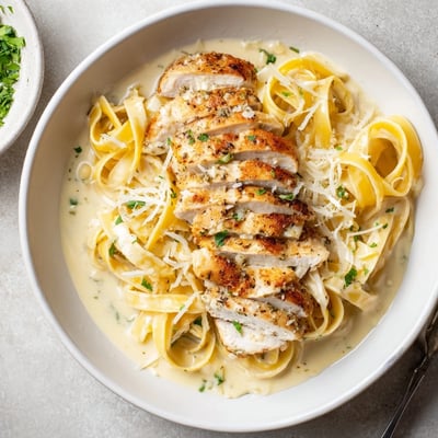 Skillet-seared chicken on Creamy Garlic Chicken Pasta tossed in silky sauce