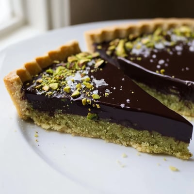 Dark chocolate pistachio tart topped with crushed nuts and flaky sea salt