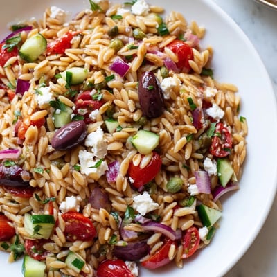 Bright Mediterranean orzo pasta salad topped with crumbled feta and fresh herbs