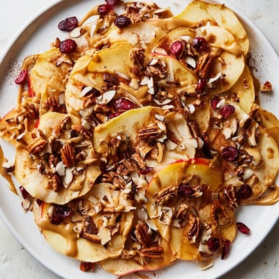 Thin apple slices layered with nuts and sweet cinnamon tahini drizzle on a platter