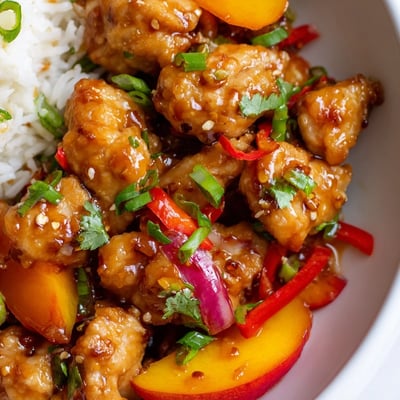 Sizzling Thai Peach Chicken tossed with bell peppers and fragrant ginger over jasmine rice