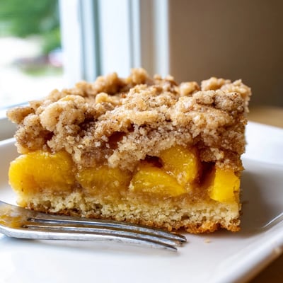 Warm sweet and buttery peach bars with cinnamon streusel topped with melting vanilla ice cream scoop