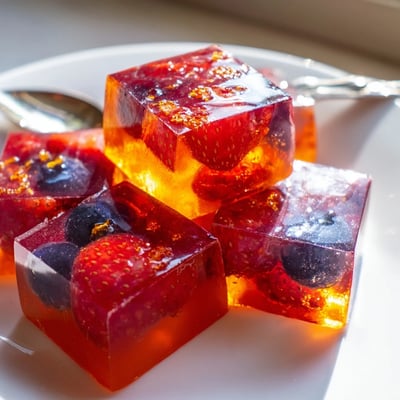 Homemade collagen fruit jellies cut into jewel-toned squares arranged on a chilled serving plate