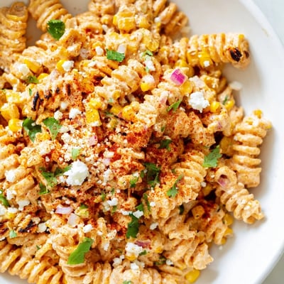 Charred corn and tender rotini tossed in a zesty lime dressing in this Elote Street Corn Pasta Salad