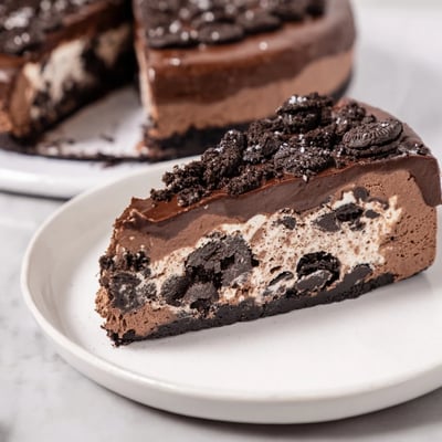 Creamy chocolate cheesecake topped with glossy ganache and decorated with Oreo cookie halves.