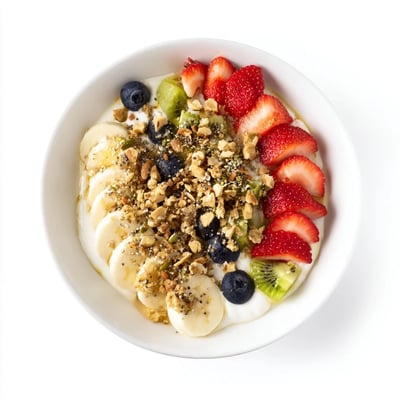 Creamy Greek yogurt topped with colorful kiwi, strawberries, and a sprinkle of chia seeds in this yogurt fruit bowl recipe.